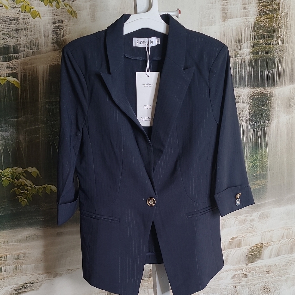 NWT! SusieLady Womens Small sharp navy blue pinstripe business jacket blazer